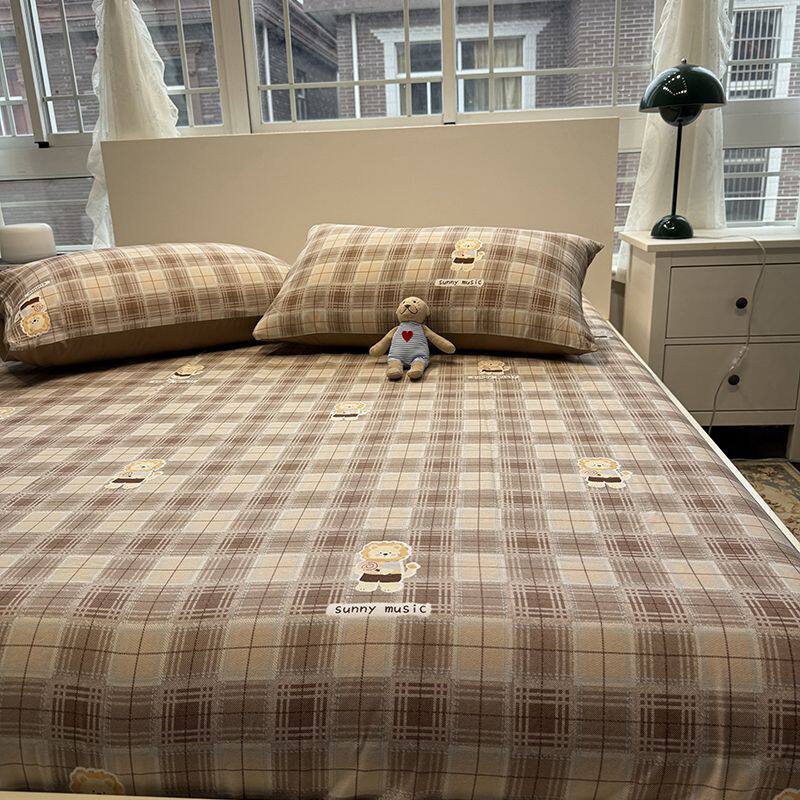 A类卡通萌熊咖100全棉加厚磨毛床笠单件纯棉床垫保护罩床罩三件套