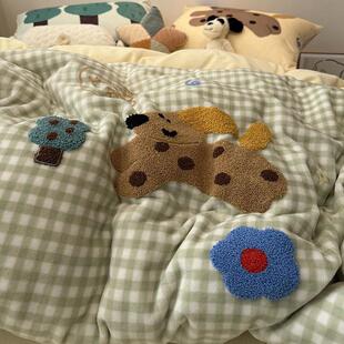 正官旗卡通风毛巾绣牛奶绒四件套冬季可爱珊瑚绒面床单被套三件套