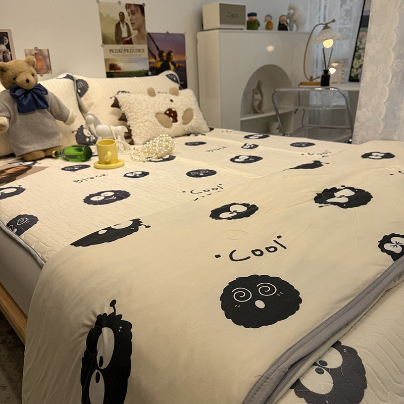 正官旗可爱煤球乳胶凉席三件套夏凉被四件套可机洗冰丝席空调夏被