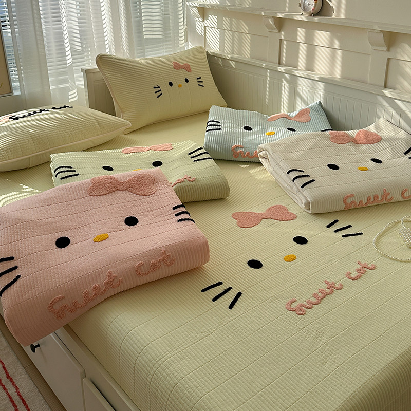 水洗棉kt猫咪毛巾绣床盖单床盖家用可裸睡宿舍床四季通用卡通可爱,床上用品,床盖,淘宝优惠券,粉丝福利购,淘宝优惠卷