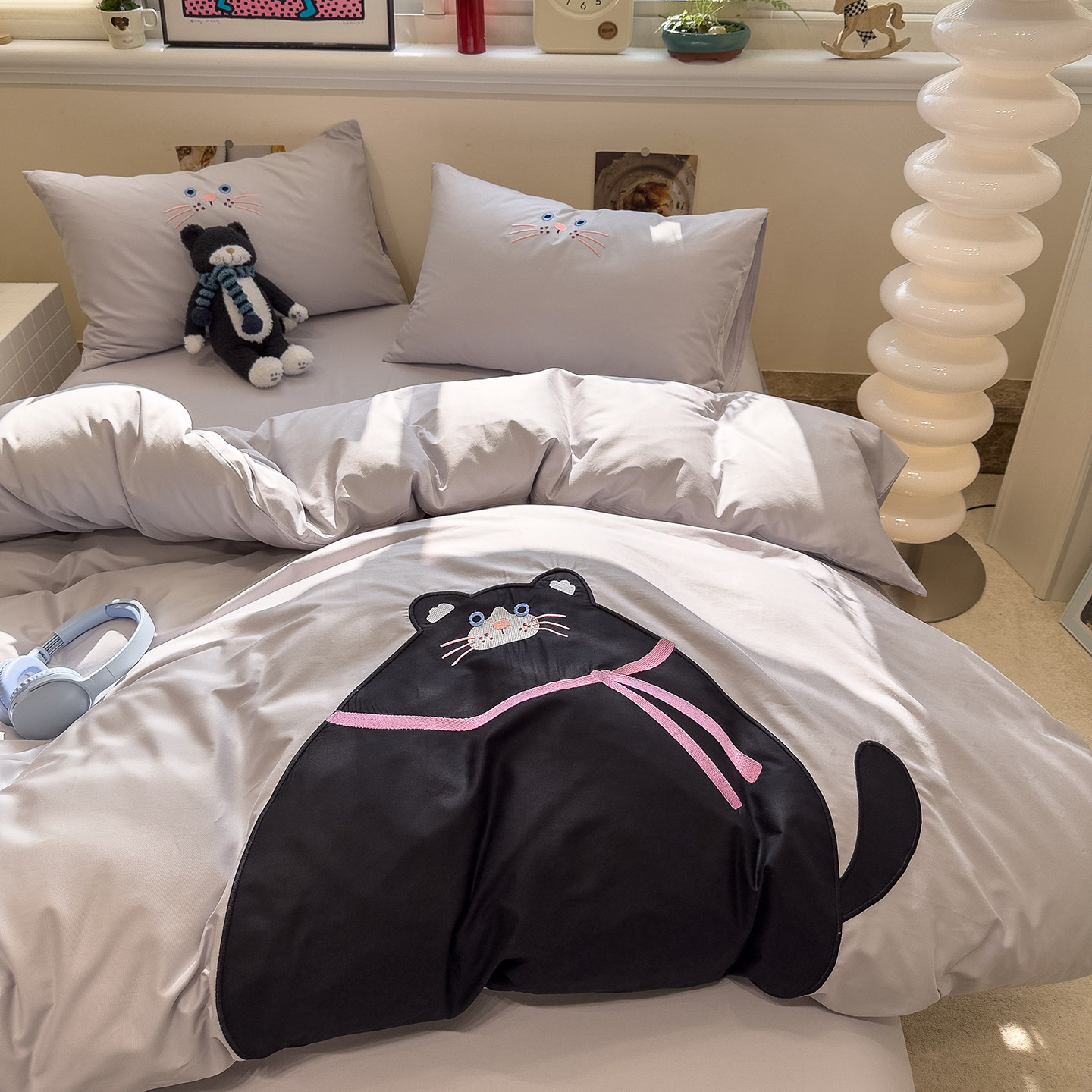 小清新黑猫贴布绣全棉四件套床单被套宿舍床三件套纯棉床笠可爱款