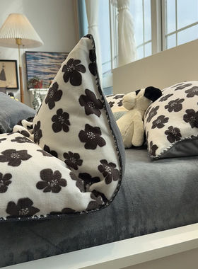 ins简约贝壳边灰色牛奶绒四件套秋冬季保暖法莱绒被套床单三件套