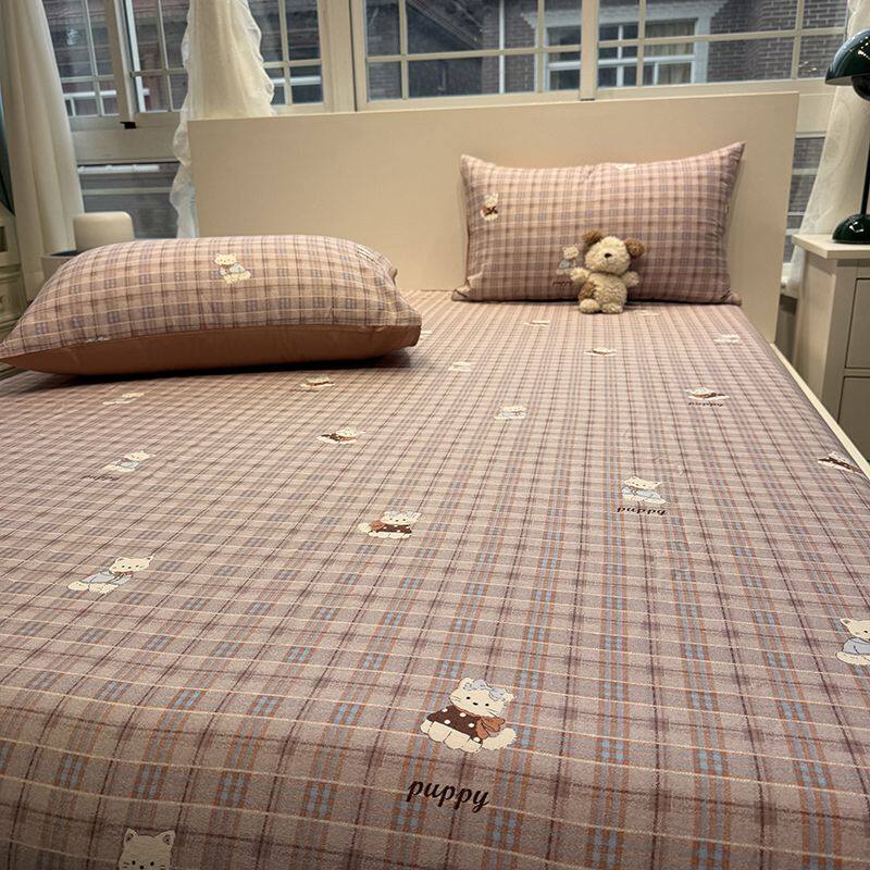 A类卡通甜酷猫100全棉加厚磨毛床笠单件纯棉床垫保护罩床罩三件套