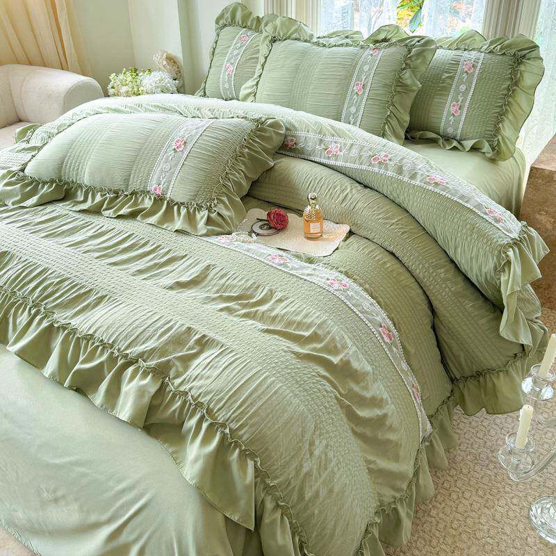 韩版公主泡睡边泡纱22四件套甜美水洗棉刺绣花裸床风单被套四季通