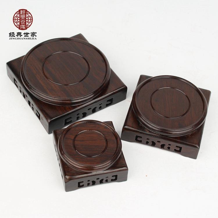 天圆地方底座红檀黑紫檀木雕古董花瓶石头印章摆件底座木托