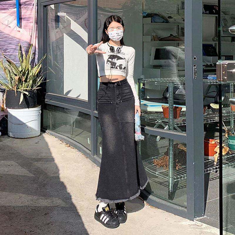 02牛23新款辣妹气质仔苏裙RJJ中长款韩版修身复古水洗流包臀鱼尾