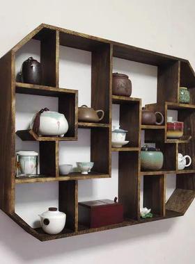中式款实木DWN耐用面博古架新简约挂茶壁置物架茶道墙架挂墙古风