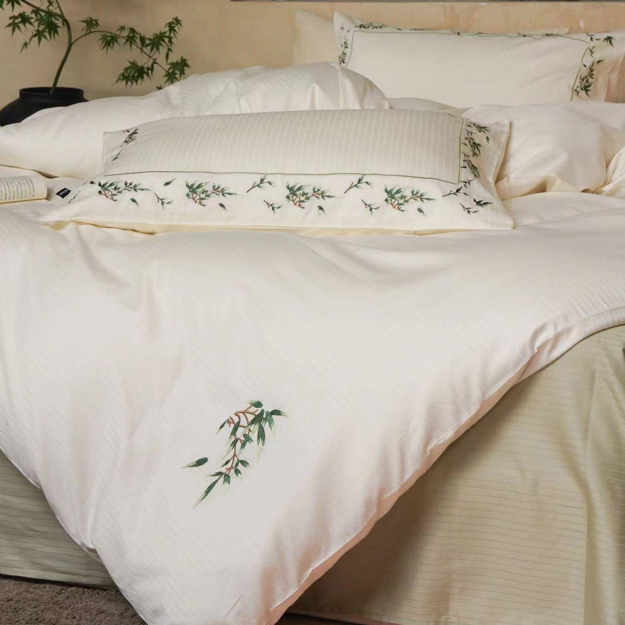 A全类100S提长绒棉花四件套棉叶刺绣4245纯棉白竹色床单被套床上