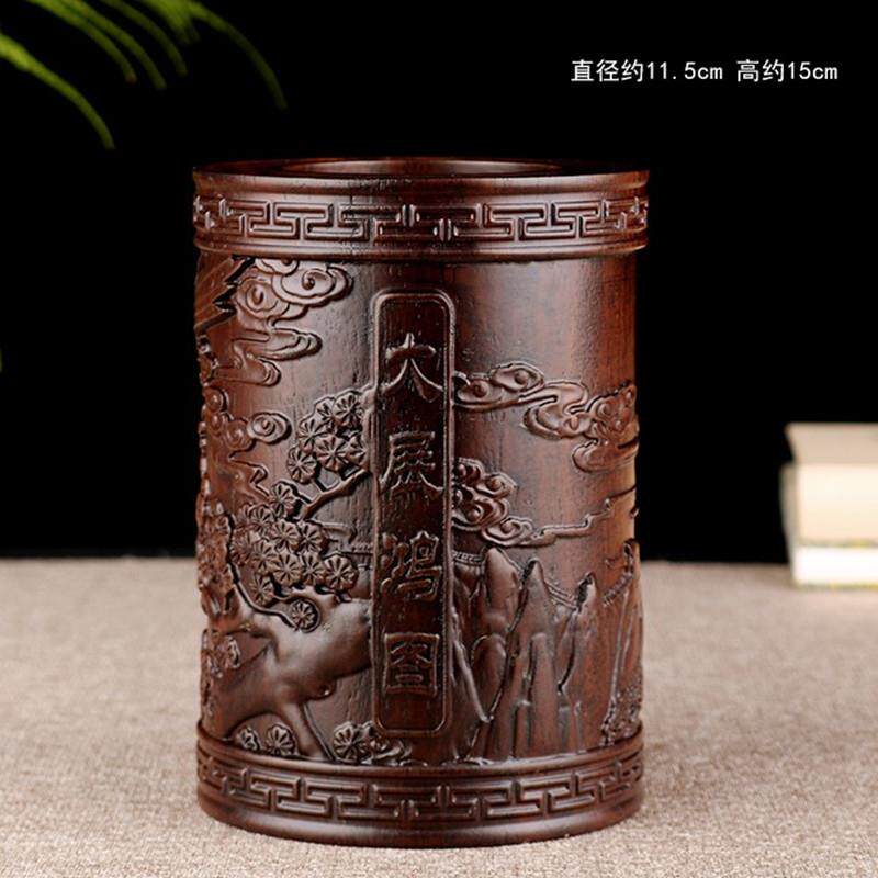 摆黑檀木实木笔筒笔荷木雕创意实用木花质装74845复古桌面件可刻l