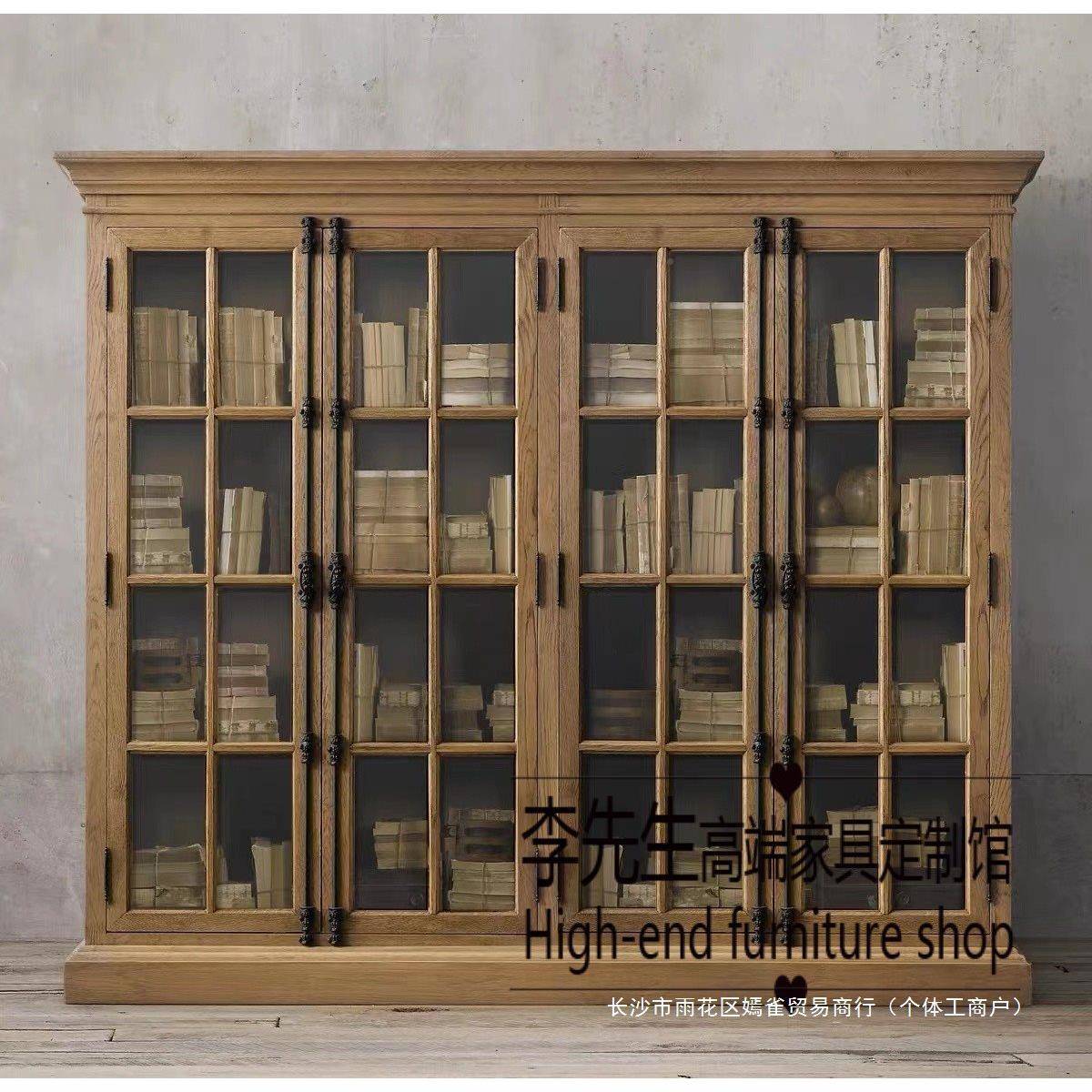 法式木天地书柜欧式橡JXR木复古式实餐边柜展示柜美乡村玻锁璃门
