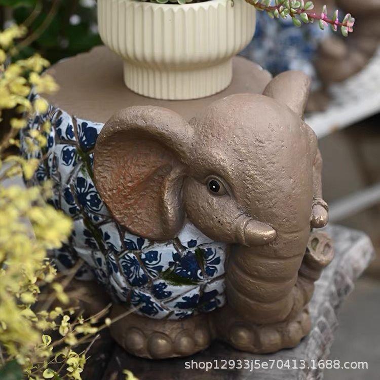 复古动物仿青花大象小矮凳花凳底座椅子庭院花园装饰摆件工艺品
