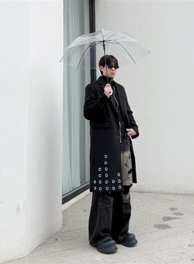 IDDB  秋冬季中长款过膝呢子大衣男士宽松潮流垫肩小众金属圈设计