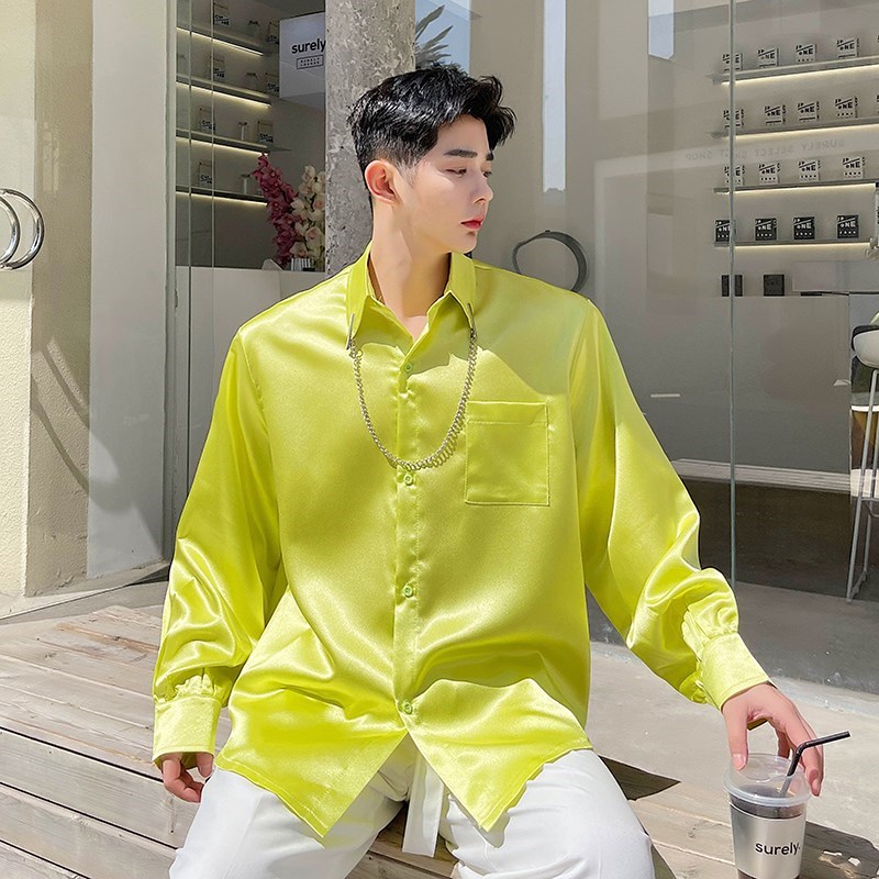 高级感丝滑衬衫男长袖春夏季个性链条装饰宽松韩版U时尚纯色薄衬