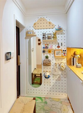 洞洞板全身d镜一体实木入户玄关置物架云朵带镜子隐形推垃收纳层