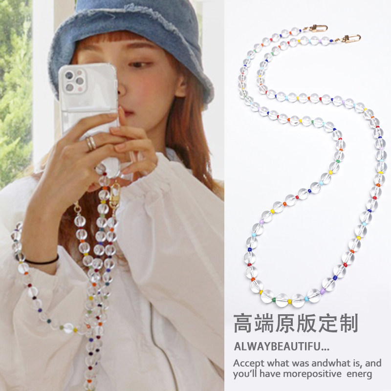 韩国个性长款斜跨手机链挂件女时尚彩色串珠挂绳挂饰水晶挂链配饰