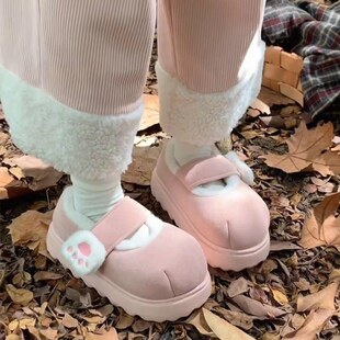 全包跟棉拖鞋细细条可爱猫爪棉鞋厚底防滑冬季加绒外穿魔术贴圆头