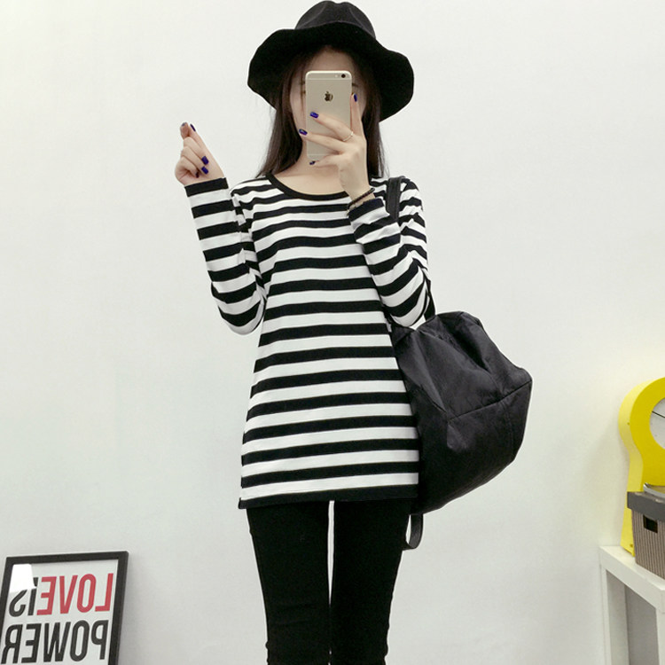 秋衣女条纹T恤h外穿体恤长袖宽松韩版打底衫学生百搭春秋装中长款