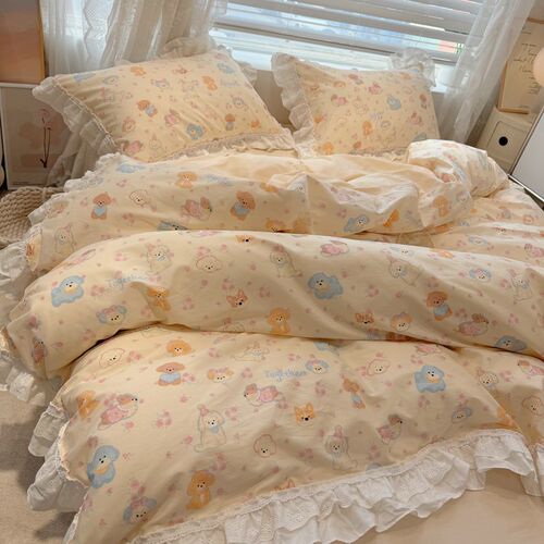 荷叶边仙女全棉四件套小奶狗被套卡通少女公主风1.5m1.8床品