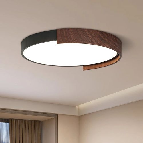 意式主卧室房间灯客厅吸顶灯简约现代极简圆形胡桃木纹护眼书房灯