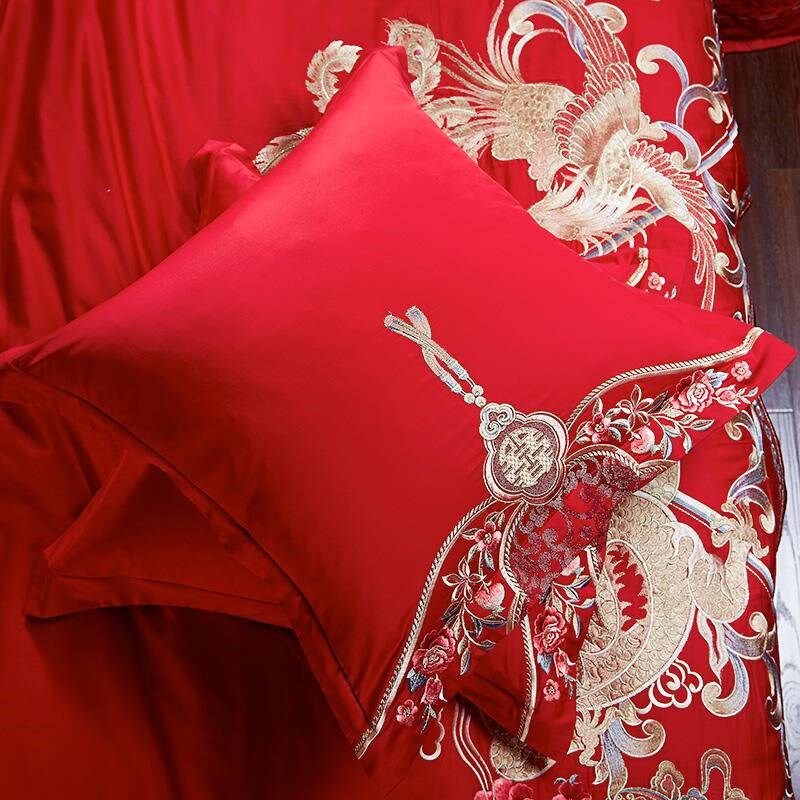 结婚大红床上抱枕婚庆纯棉绣花靠垫枕套中式红色喜抱枕套含芯一对