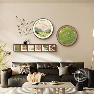 日照金山中古风沙发背景墙装饰画绿色系飞鸟客厅挂画2025新款壁画