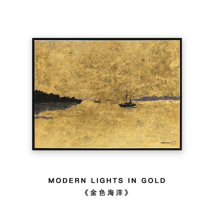 Ru禄秘手绘画金箔装饰画一帆风顺山水画客厅挂画抽象轻奢高档壁画