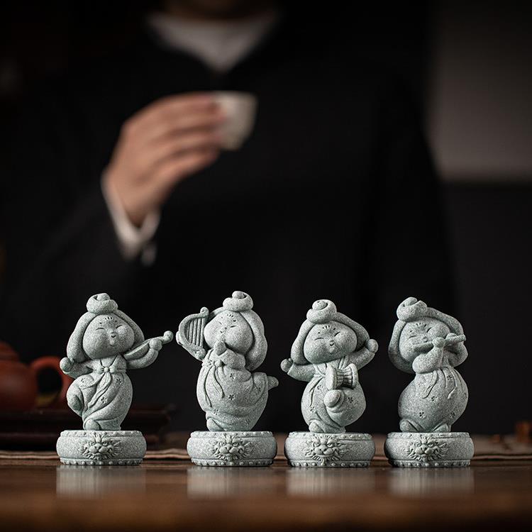 新中式唐仕女竖琴笛子乐器茶宠摆件鱼缸造景盆栽景观客厅桌面装饰