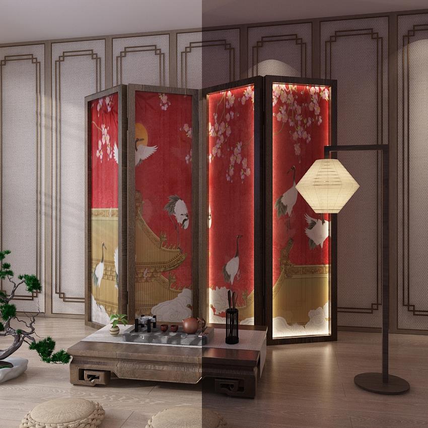 新中式屏风隔断墙客厅实木带灯光轻奢创意玄关办公室折叠移动遮挡
