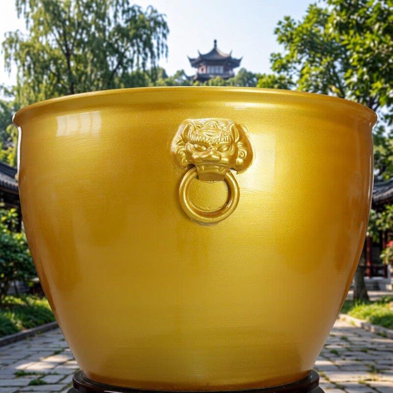 景德镇陶瓷鱼缸金色招财狮耳大水缸家用客厅养鱼睡莲荷花种树庭院