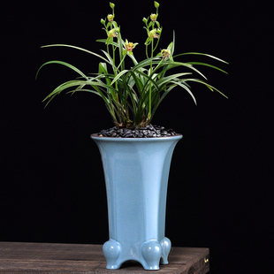 哥窑兰花花盆陶瓷透气高端兰花盆家用兰草专用盆托盘精品紫砂花盆