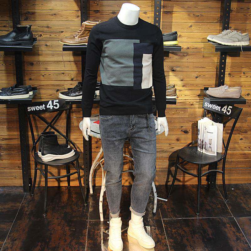 秋冬男针织衫长袖拼接撞色修身圆领弹力毛线衣休闲打底毛衫T恤