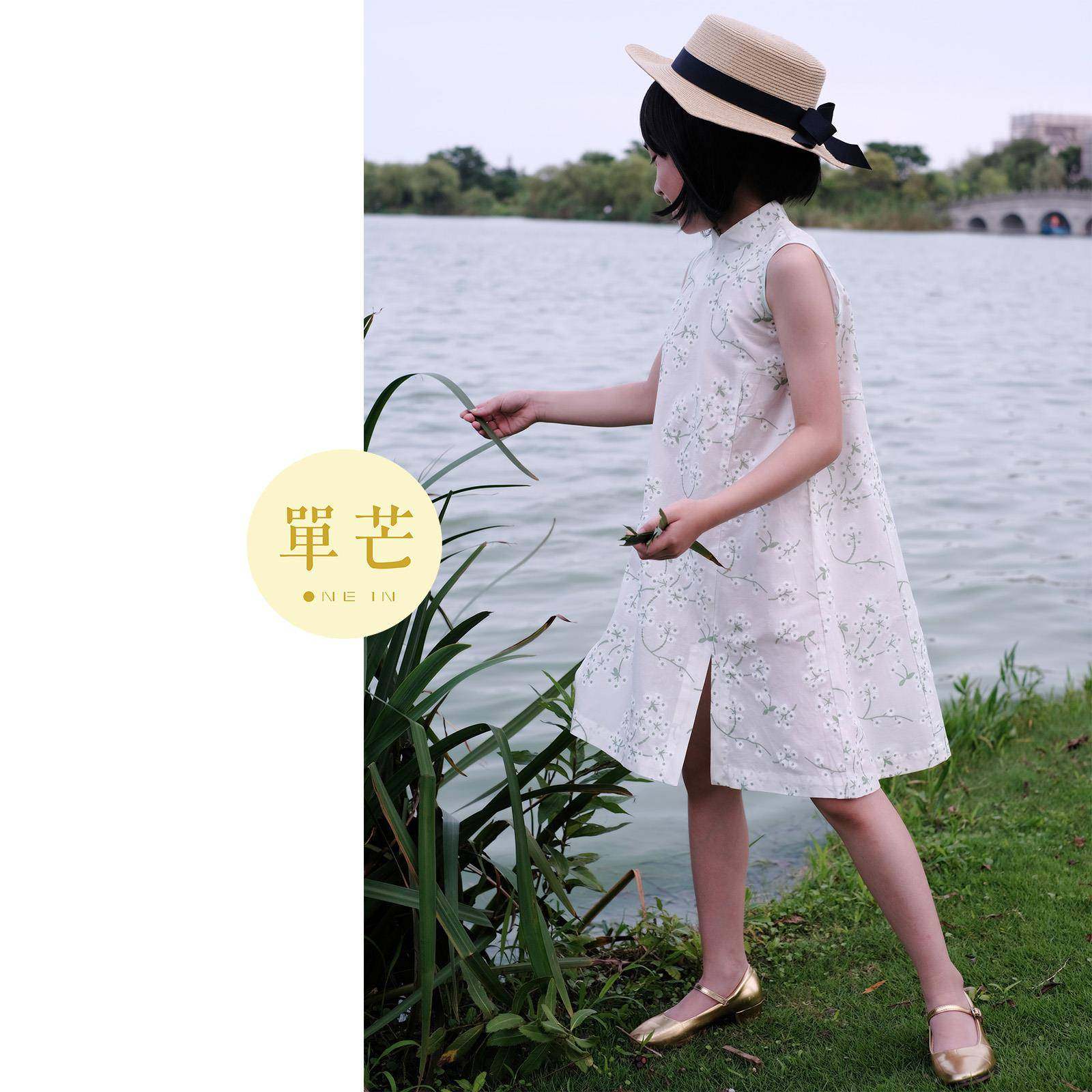 单芒夏日纪念-女童无袖莲蓬刺绣A字旗袍印花连衣裙纯棉