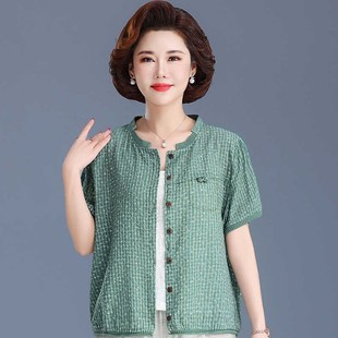 上衣老人衣服洋气 妈妈夏装 短袖 棉麻圆领p碎花奶奶T恤衫 中老年女装