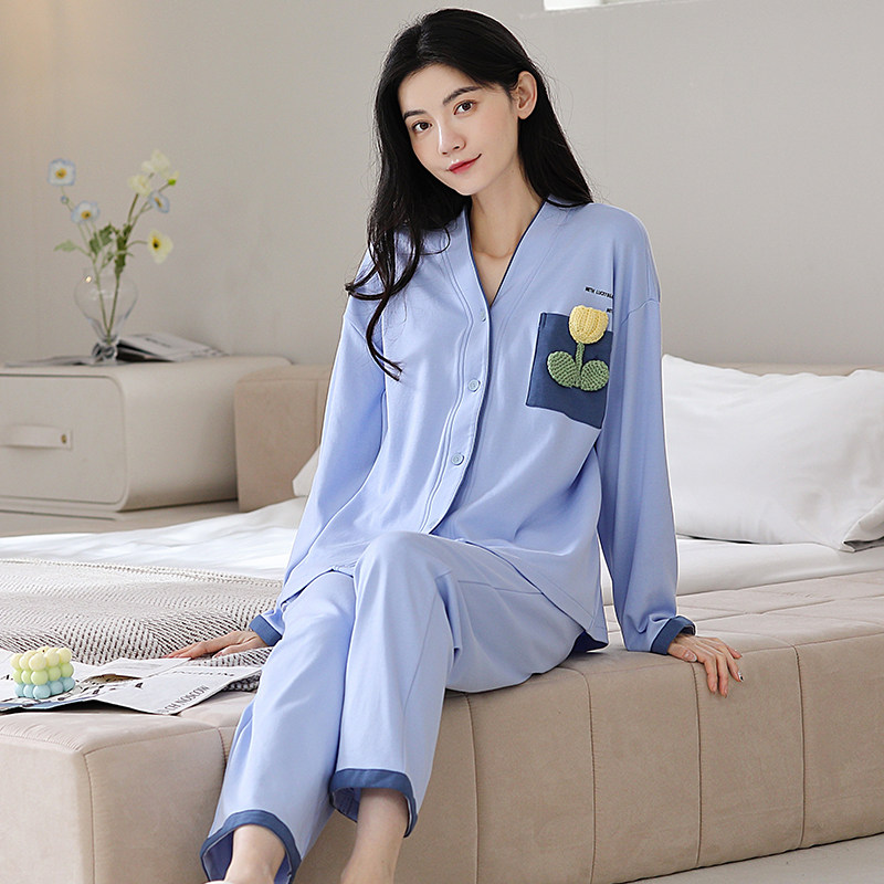 2024年新款春秋款睡衣女长袖双面纯棉开衫春秋天可外穿家居服套装