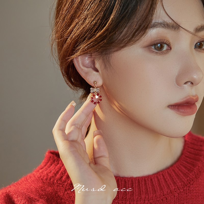 红色串珠圆圈耳环女小众设计感耳钉蚊香盘耳夹无耳洞新年耳饰过年