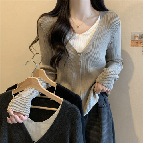 哺乳衣假两件双头拉链针织开衫宽松大码毛衣秋冬内搭新款喂奶上衣