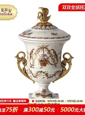 茱莉安法式艺术彩绘花卉陶瓷浮雕盖坛精美客厅桌面花盆装饰摆件