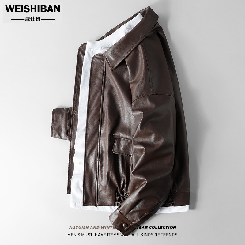 高街复古棕色皮衣外套男女春秋季潮牌廓型机车服PU皮情侣款夹克潮