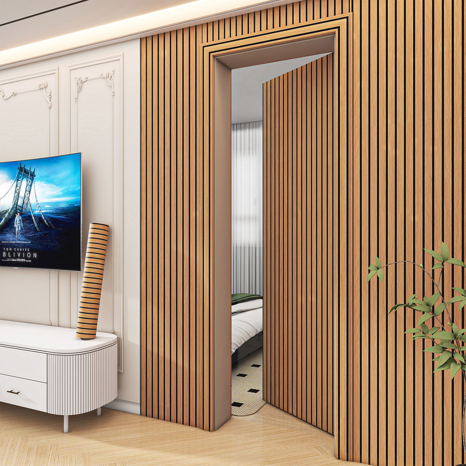 格栅墙贴背景墙装饰墙纸自粘仿实木立体高档客厅隐形门墙面装饰板