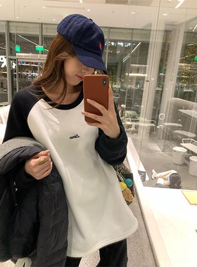 NAZ那子大码冬季新款内里加绒撞色拼接胖mm慵懒休闲百搭保暖T恤