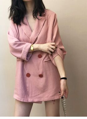 裸粉色外套西装网红春季薄休闲中长款慵J懒复古宽松棉麻西装外套