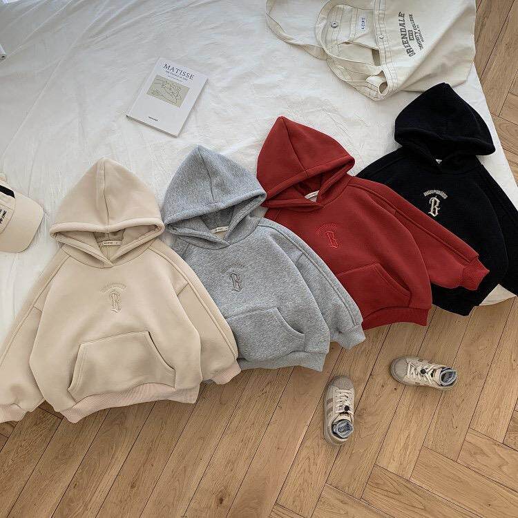 儿童字母刺绣加绒加厚新年红色连帽套头卫衣冬韩版男女童宽松上衣