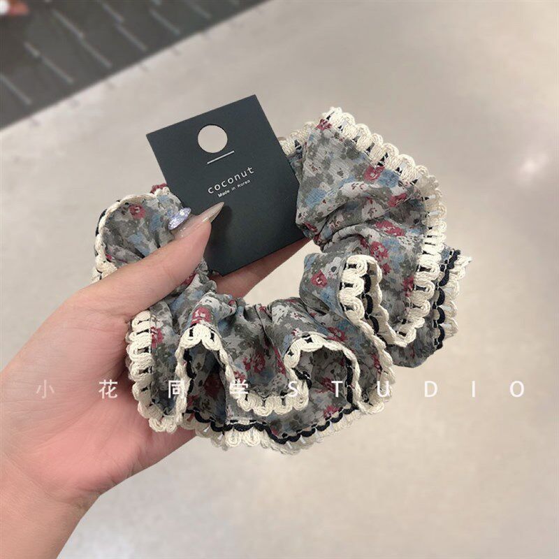 韩国饰品2025新款雪纺布艺灰粉色小碎花印花蕾丝钩花发圈发绳头绳