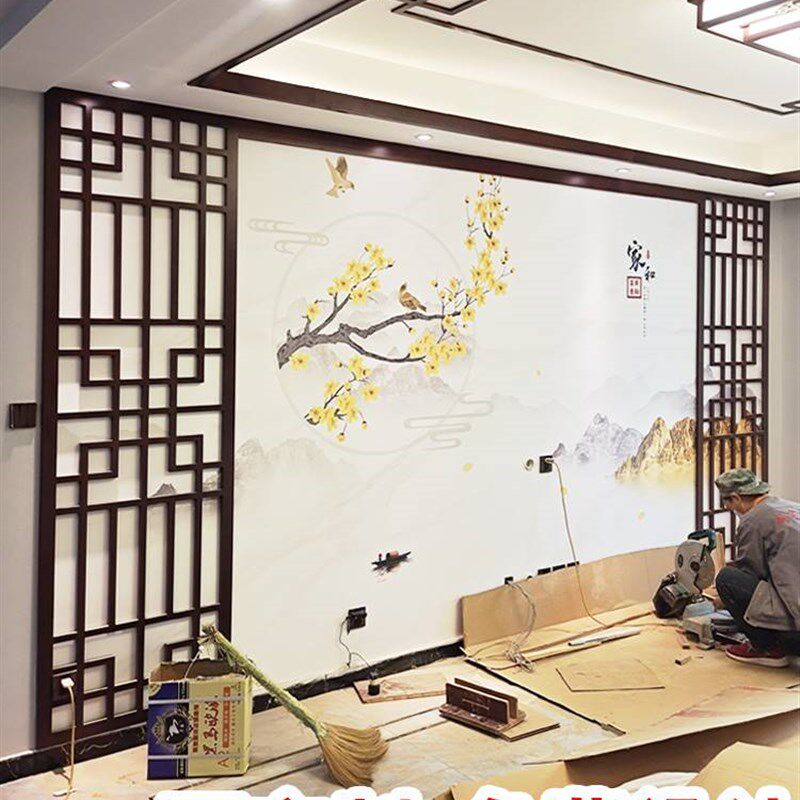 新中式电视背景墙镂空木雕花玄关屏风隔断花格PVC仿古装饰通花板