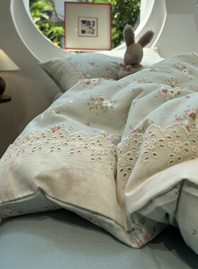 A类母婴级美式蓝色碎花双层纱蕾丝花边款四件套1.5m1.8米全棉