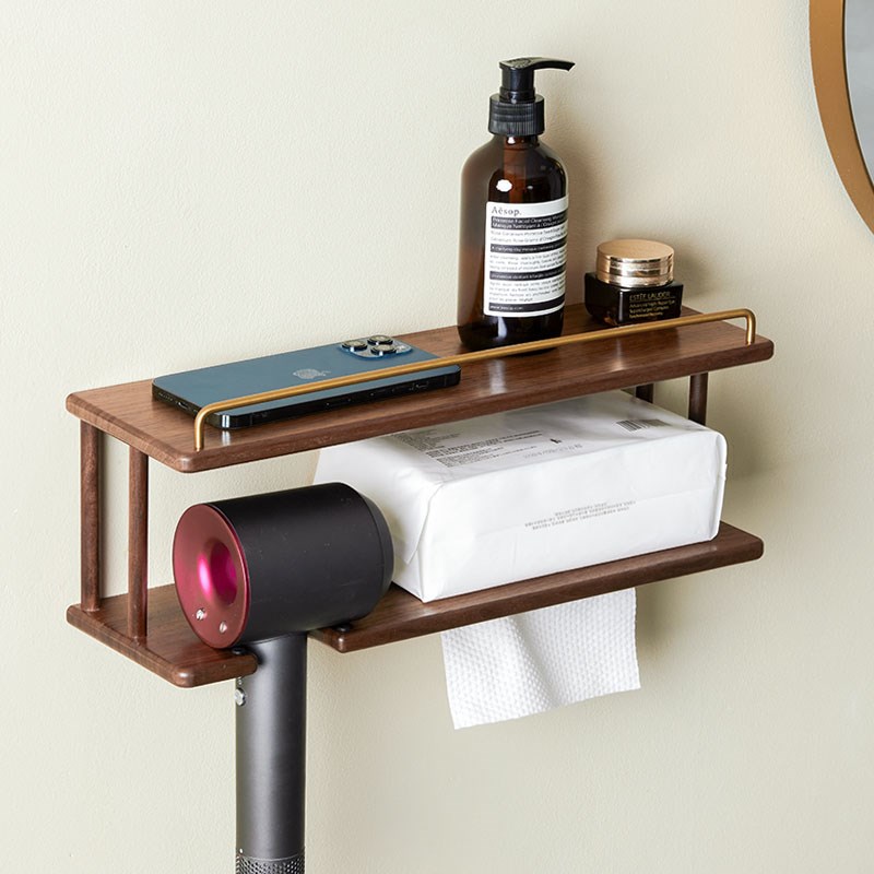 实木卫生间吹风机洗脸巾一体置物架免打孔胡桃木洗漱台多功能架子