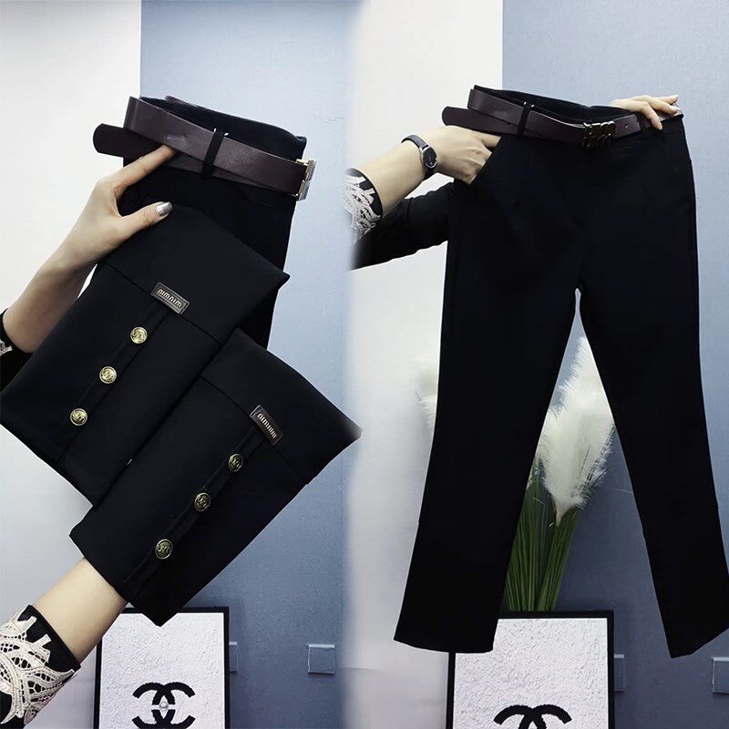 后开叉纽扣小西裤女九分裤2024春秋F新款显瘦黑色直筒裤白搭烟管