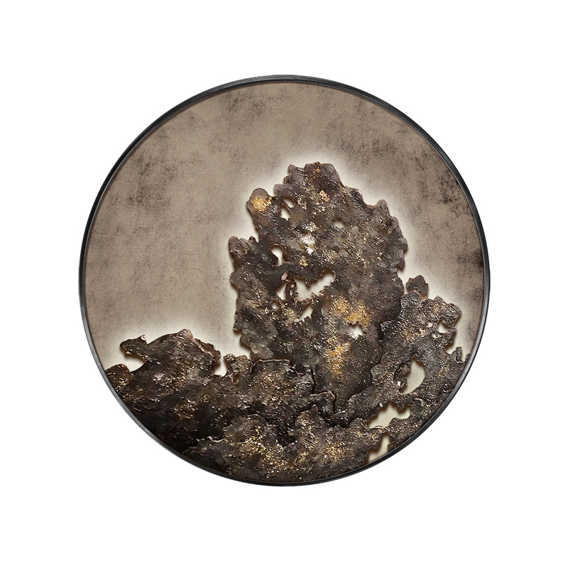 新中式入户玄关圆形装饰画太湖清秋浮雕肌理实物挂画酒店饭厅壁画