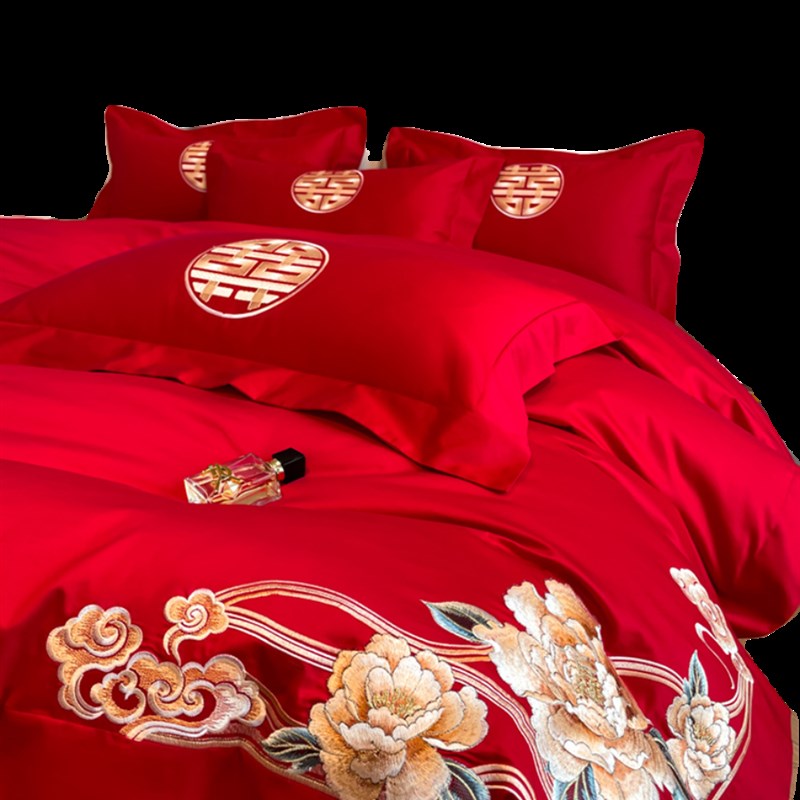 高档礼盒140支纯棉婚庆四件组新婚送礼结婚床上用品大红色床单被