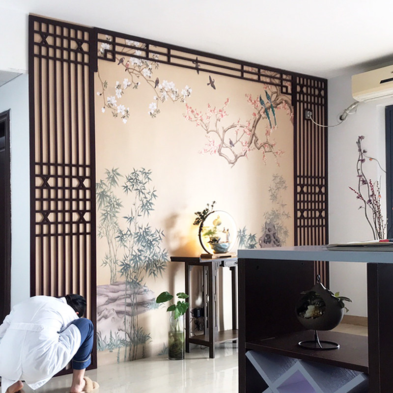 新中式电视背景墙镂空木雕花玄关屏风隔断花格PVC仿古装饰通花板